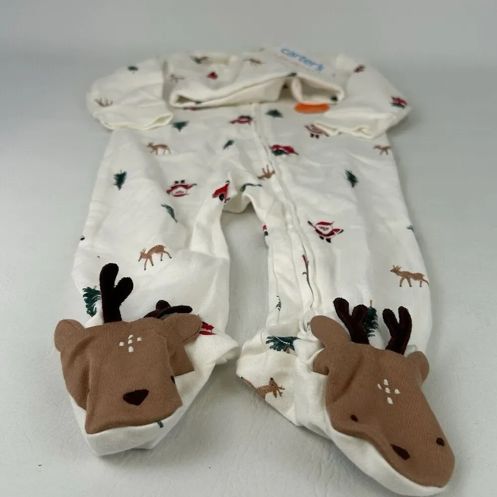 Carter’s Christmas Footed Pajamas Size 9M Set Hat Lot Santa Claus 2 Way Zipper